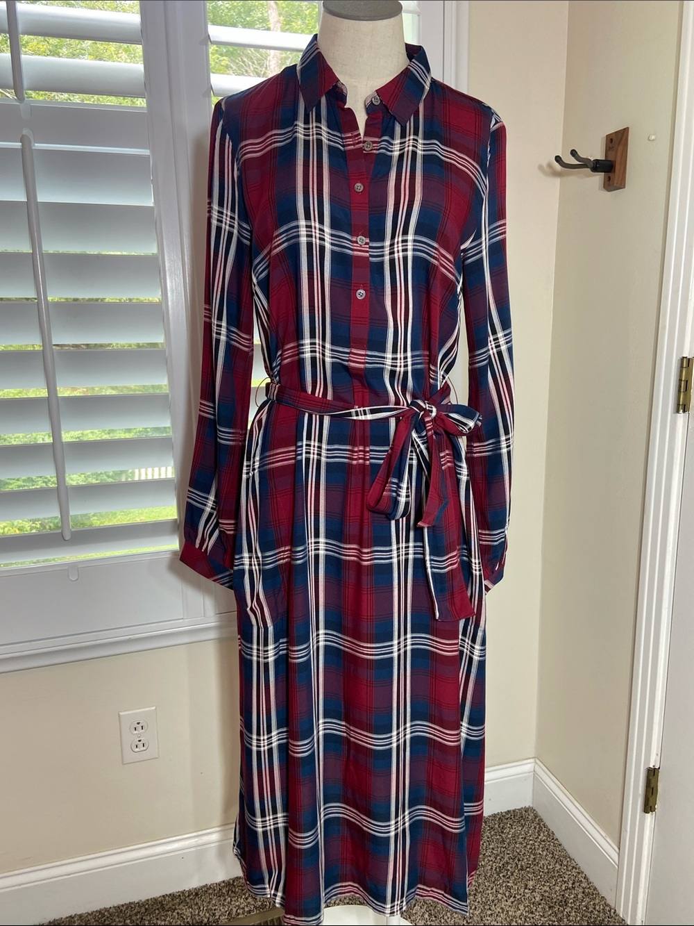 J. Jill Multi-Plaid Shirt Dress Size XS Midi Long Sleeve Tie Waist Preppy